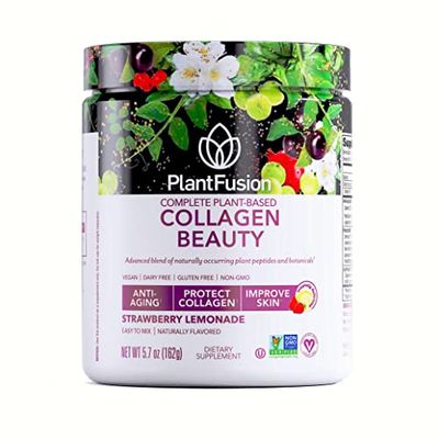 PlantFusion Vegan Collagen Beauty - Vegan Collagen Powder for Women - Hair Skin and Nails Vitamins - Gluten Free, Non-GMO, Non-Dairy (Strawberry Lemonade 18 Servings)