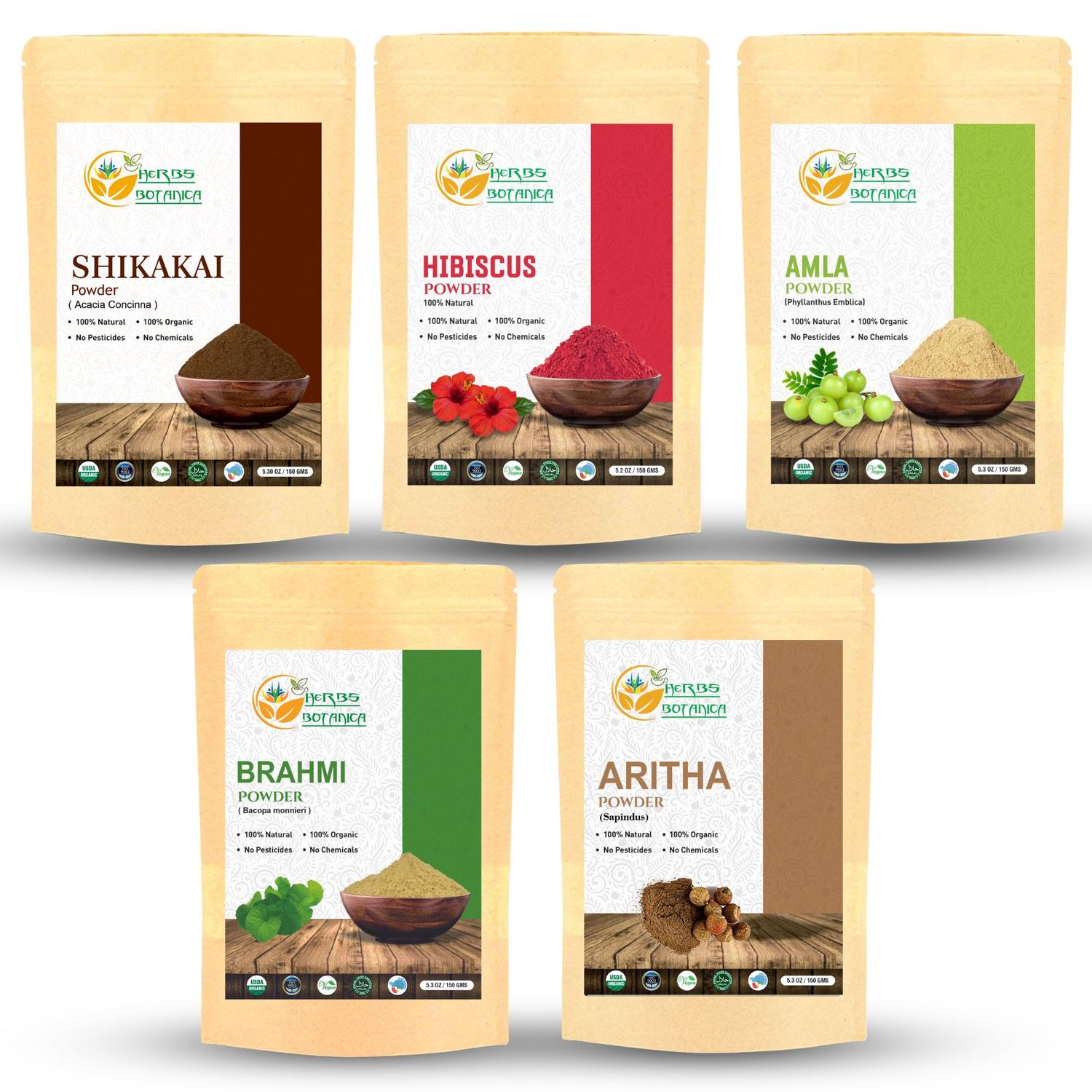 Herbs Botanica Herbal Hair Mask Combo Brahmi, Reetha (Aritha), Shikakai, Hibiscus, Amla Powder 5.3 oz Each Total 1.65lbs For Hair Growth, Scalp Health