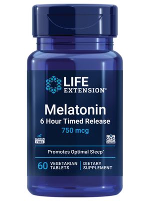 Life Extension Melatonin 6 Hour Timed Release, 750 mcg, Extended-Release Formula for Gentle Sleep Support, Healthy circadian Rhythms, Cellular Defense, Gluten-Free, Non-GMO, Vegetarian, 60 Tablets