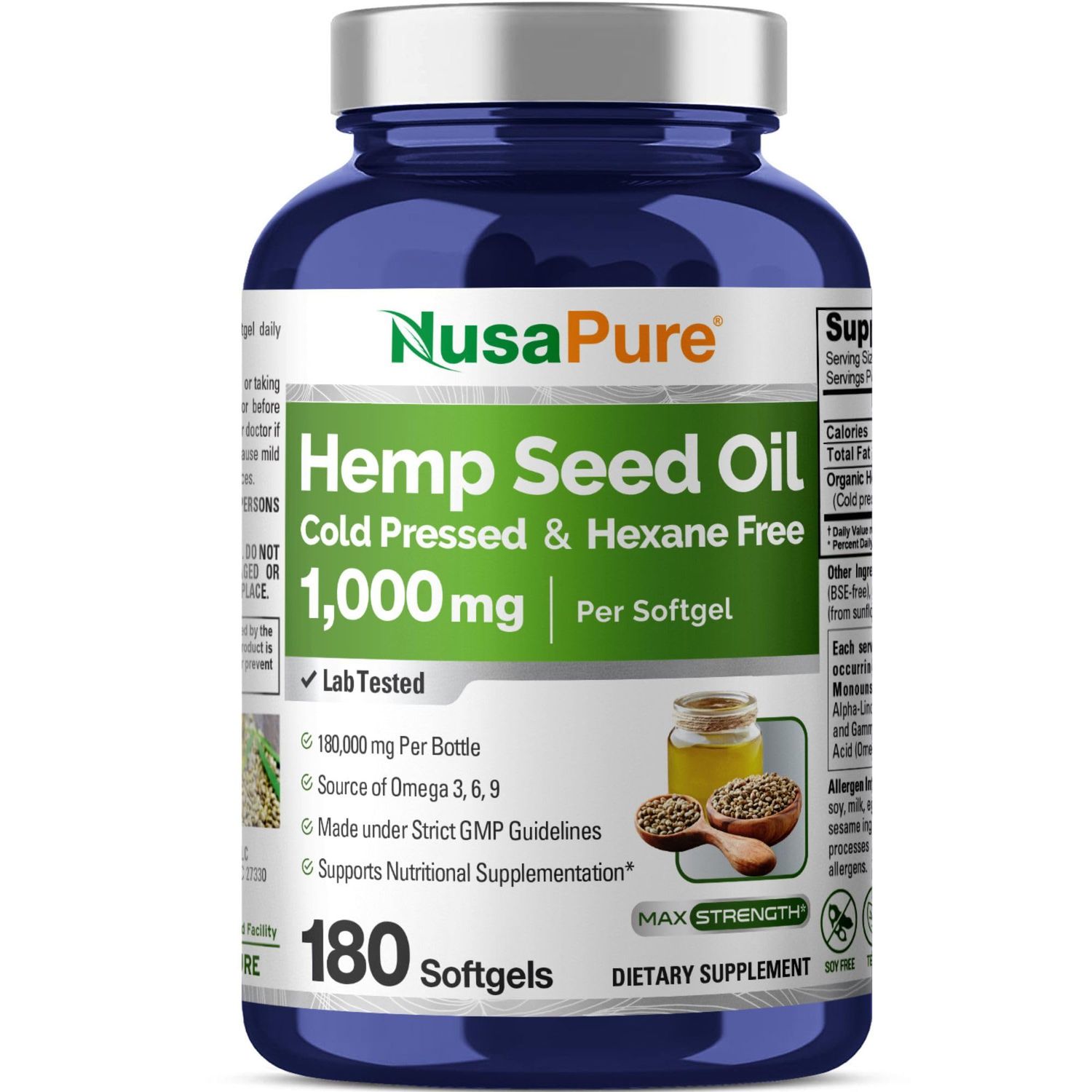 NusaPure Hemp Seed Oil 1000mg - 180 Softgel per Bottle