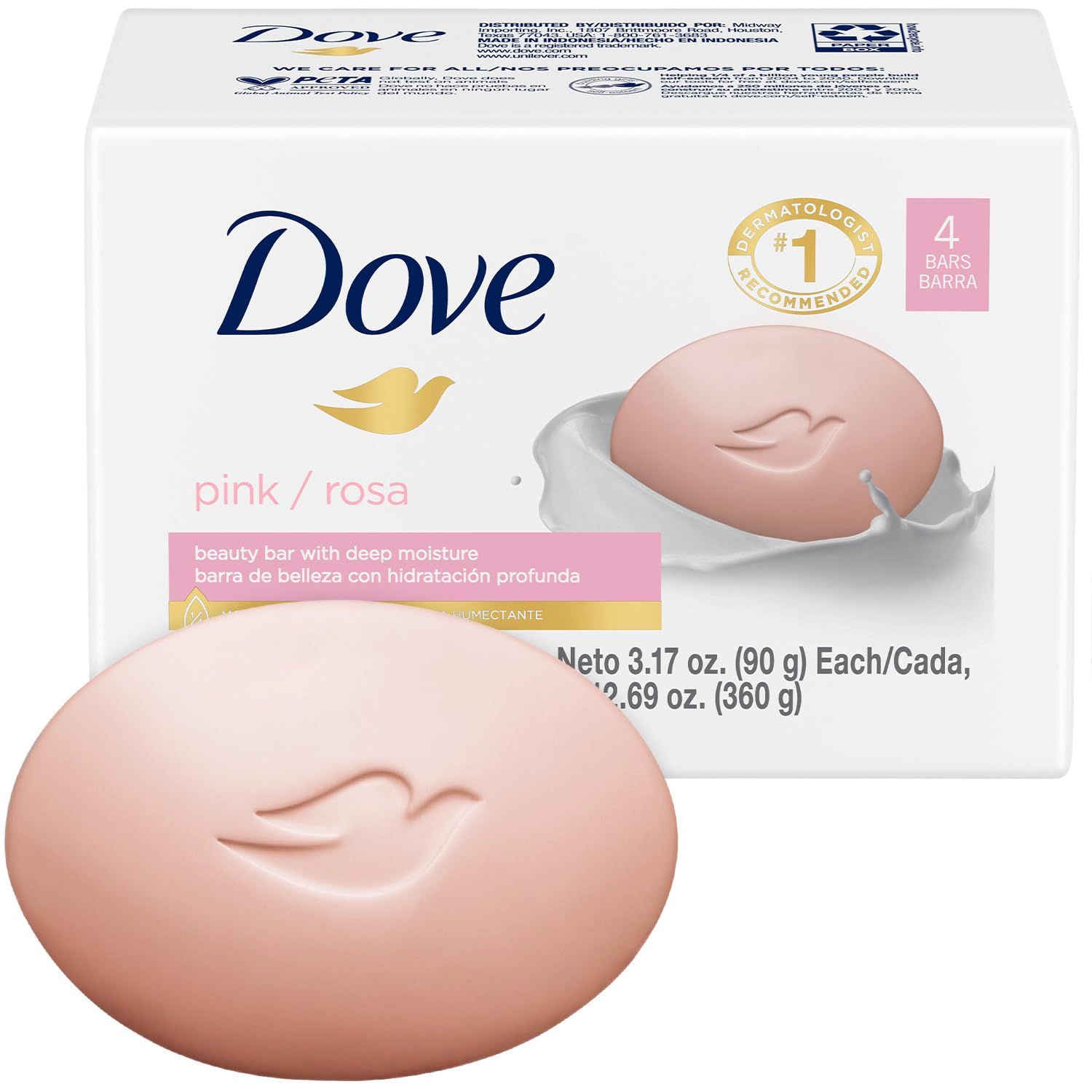 Dove Soap, Pink Beauty Bar Pack (4 Soap Bars) - 3-in-1 Moisturizing Face, Body Hand Soap, 3.17 Oz Ea