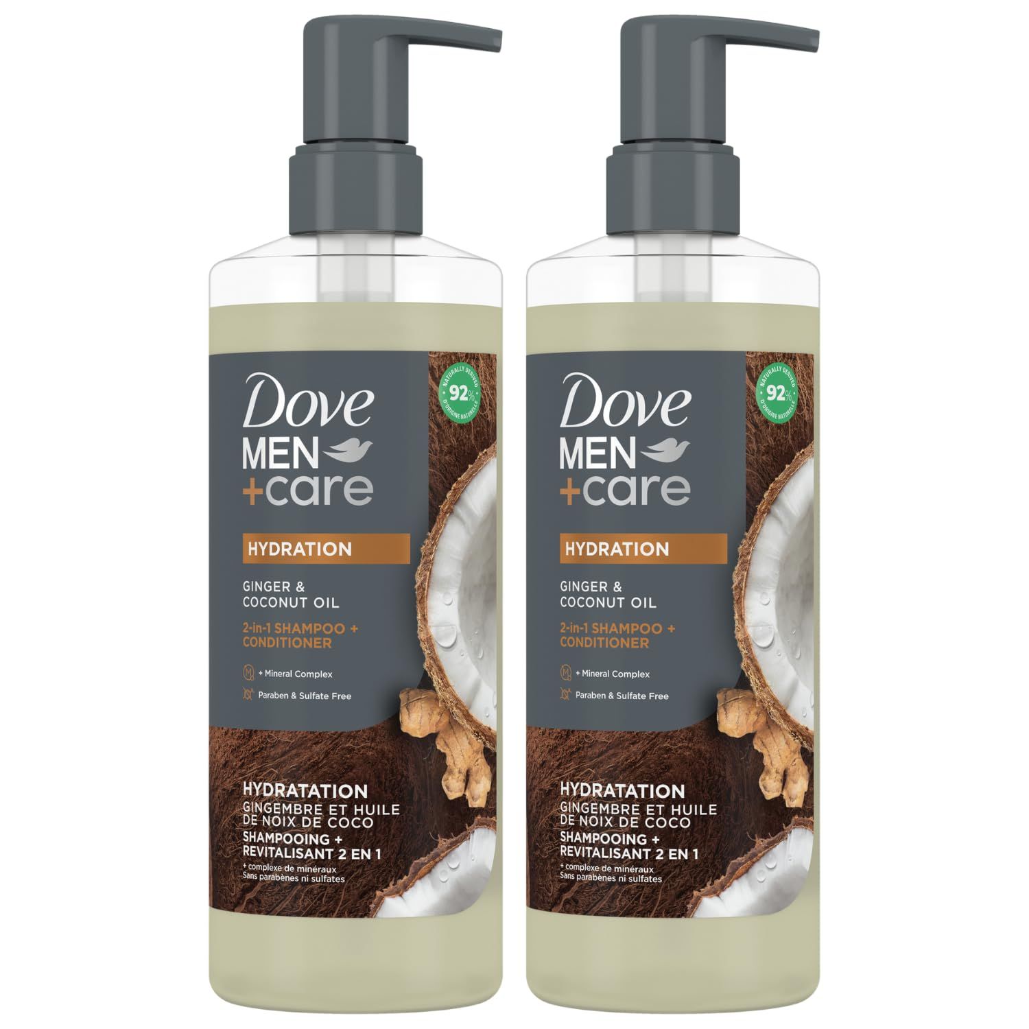 Dove MenCare Shampoo and Conditioner 2-in-1, 2-Pack -Hydration Formula with Biotin Mineral Complex, Ginger Coconut Oil, 17.5 Oz Ea