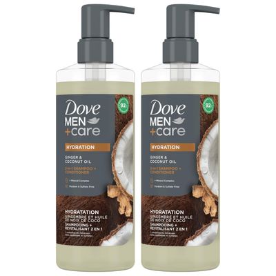 Dove MenCare Shampoo and Conditioner 2-in-1, 2-Pack -Hydration Formula with Biotin Mineral Complex, Ginger Coconut Oil, 17.5 Oz Ea