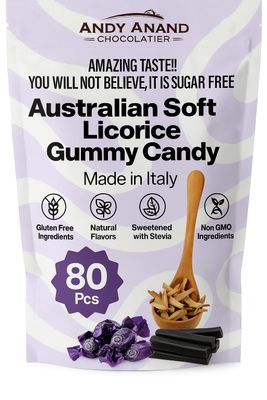 Andy Anand Sugar Free Soft Australian Licorice Gummy, Vegan Halal, Sweetened with Natural Stevia, Gluten-Free Gummies, Made in Italy Individually Wrapped - 80 Pieces, 7 Oz