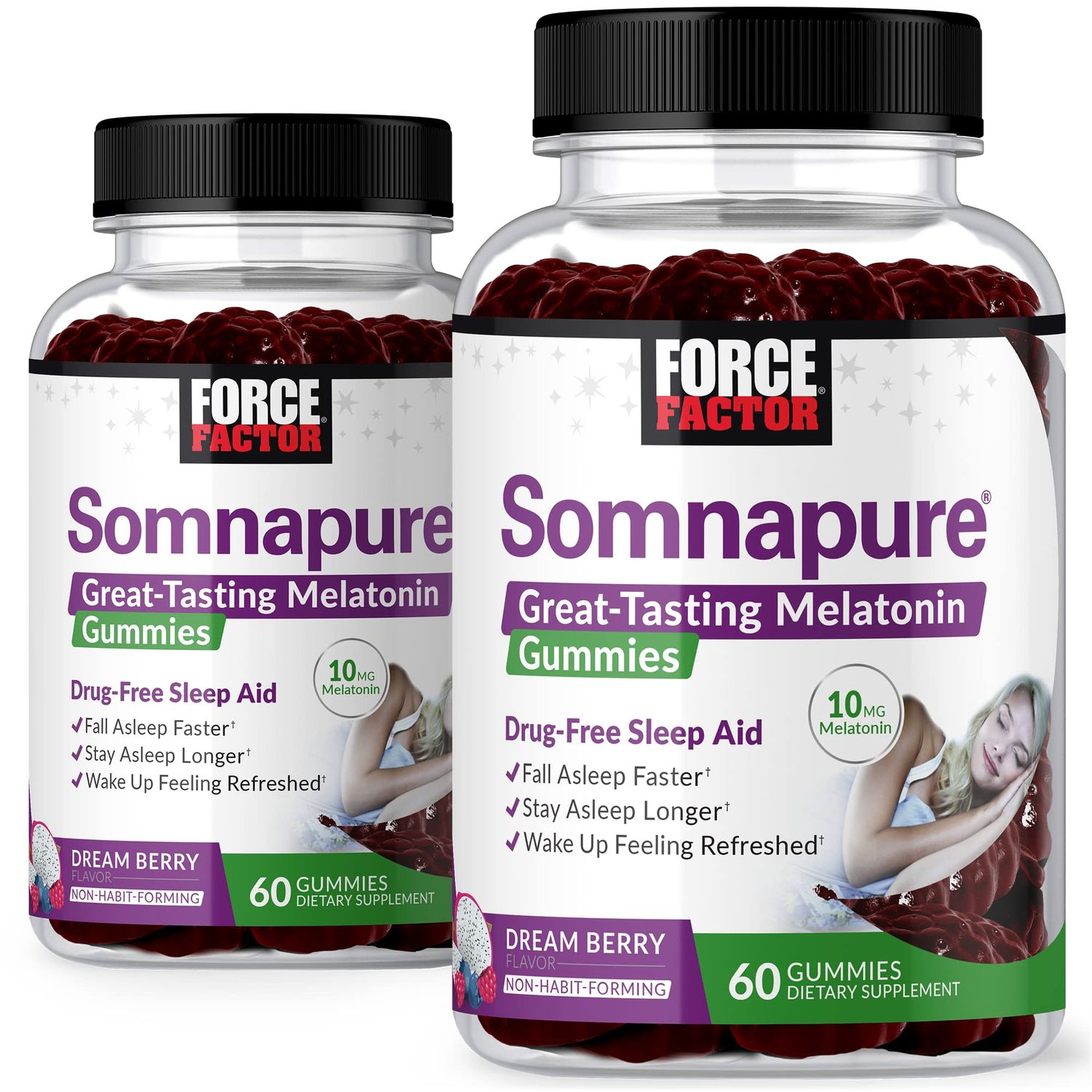 FORCE FACTOR Somnapure Gummies 2-Pack with Melatonin 10mg, Melatonin Gummies, Dream Berry Flavor, 120 Gummies, Purple