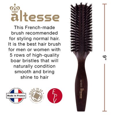 Altesse 1425P Narrow Natural Bristle Hair Brush Styling Brush with 5 Rows Boar Bristle Hair Brush Flat Beechwood Handle. Stiff Bristle Hair Brush for Men and Hair Brushes for Women Handmade in France