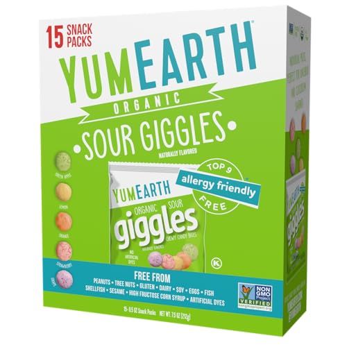 YumEarth Organic Sour Giggles Chewy Candy - Allergy Friendly, No Artificial Dyes, Non GMO, Gluten Free, Sour Fruit Flavored, Vegan Candy Snacks with No Artificial Flavors, 0.5 ounce (Box of 15)