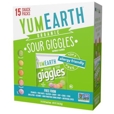 YumEarth Organic Sour Giggles Chewy Candy - Allergy Friendly, No Artificial Dyes, Non GMO, Gluten Free, Sour Fruit Flavored, Vegan Candy Snacks with No Artificial Flavors, 0.5 ounce (Box of 15)