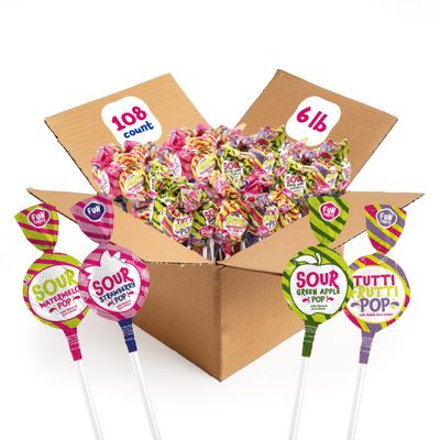 Fruit Lollipops - 6 Pound Bulk Box (About 108 Count) - Assorted Flavors - Sour Gum-Filled Pops