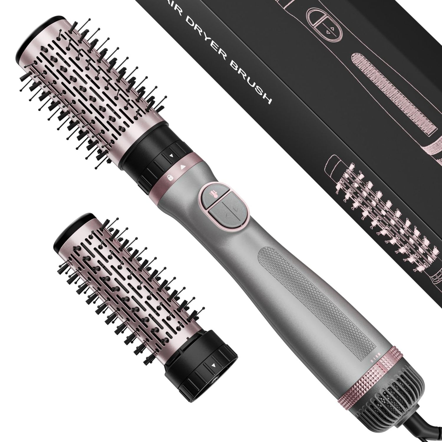 Bautia Rotating Hair Dryer Brush, 4-in-1 Rotating Blow Dryer Brush Hot Air Spin Dryer Brush, 2 Detachable Brushes (1.5&quot; 2&quot;), 3 Temperature Speed Settings, 1200W