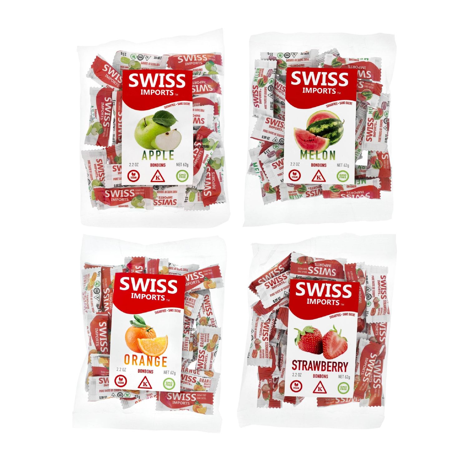 Swiss Imports Sugar Free Bonbons Hard Candy Drops, Variety of Apple, Melon, Orange, Strawberry, 100 Individually Wrapped Pieces, 250g8.8oz