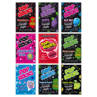 Pop Rocks 9 Pack, 9 Flavors, 1 of Each Flavor - Green Apple, Strawberry, Cotton Candy, Watermelon, Cherry, Bubble Gum, Tropical Punch, Blue Razz, Grape Bulk Popping Candy