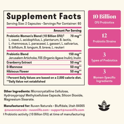 3-in-1 Womens Probiotic - 60 Servings - 12 Unique Strains, Prebiotics, D-Mannose, Cranberry for Digestive Health, Vaginal Health Immune Support - Prebiotics and Probiotics for Women pH Balance