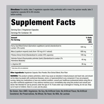 Piping Rock Horny Goat Weed Complex for Men 100 Capsules Ultimate Extract Supplement Vegetarian, Non-GMO, Gluten Free