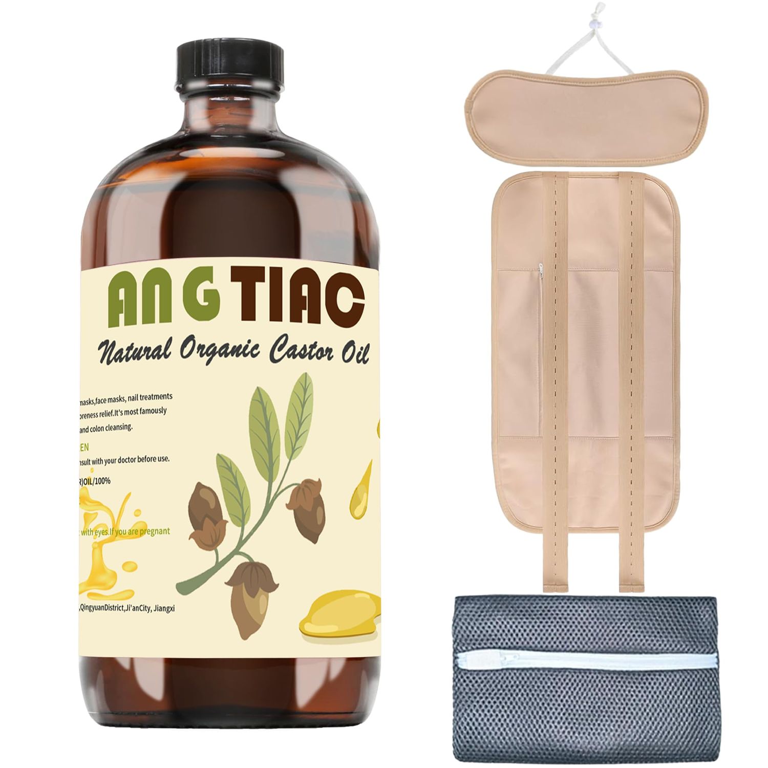 ANG TIAC Castor Oil Organic Cold Pressed Unrefined Glass Bottle (8.5fl.oz245ml),Castor Oil Pack Kit with Organic Cotton for Waist, Neck For Liver Detox Hair Growth Eyebrows Eyelashes Skin