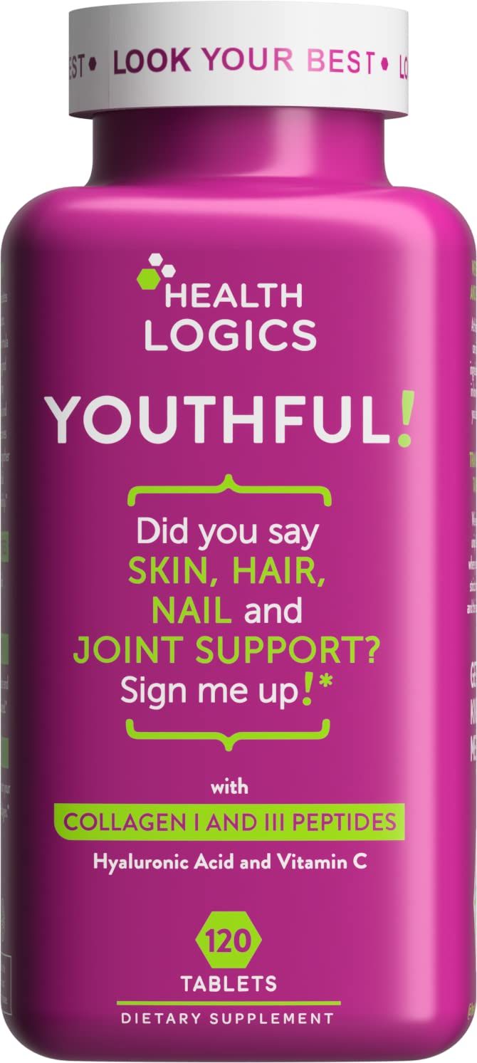 Health Logics Youthful Collagen 6,000 mg Collagen Peptides Types 1 and 3 with Hyaluronic Acid and Vitamin C Anti-Aging Collagen for Healthy Joints Skin 120 Collagen Tablets