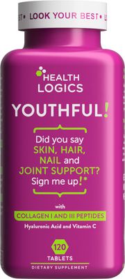 Health Logics Youthful Collagen 6,000 mg Collagen Peptides Types 1 and 3 with Hyaluronic Acid and Vitamin C Anti-Aging Collagen for Healthy Joints Skin 120 Collagen Tablets