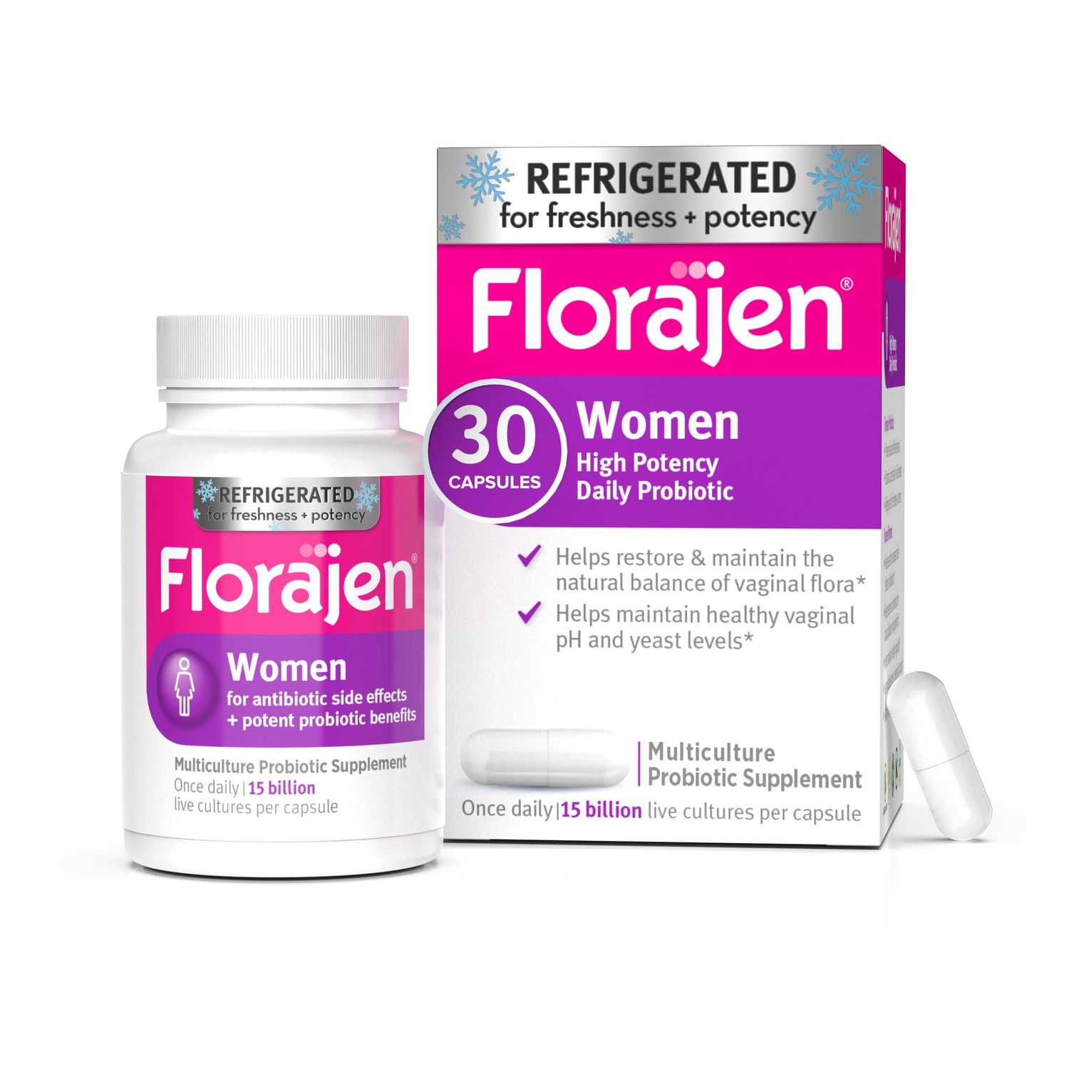 Florajen Women&#39;s Vaginal Probiotics, Provides Gut Health Constipation Relief For Adults And Bloating Relief For Women, 30 Capsules (Refrigerated)