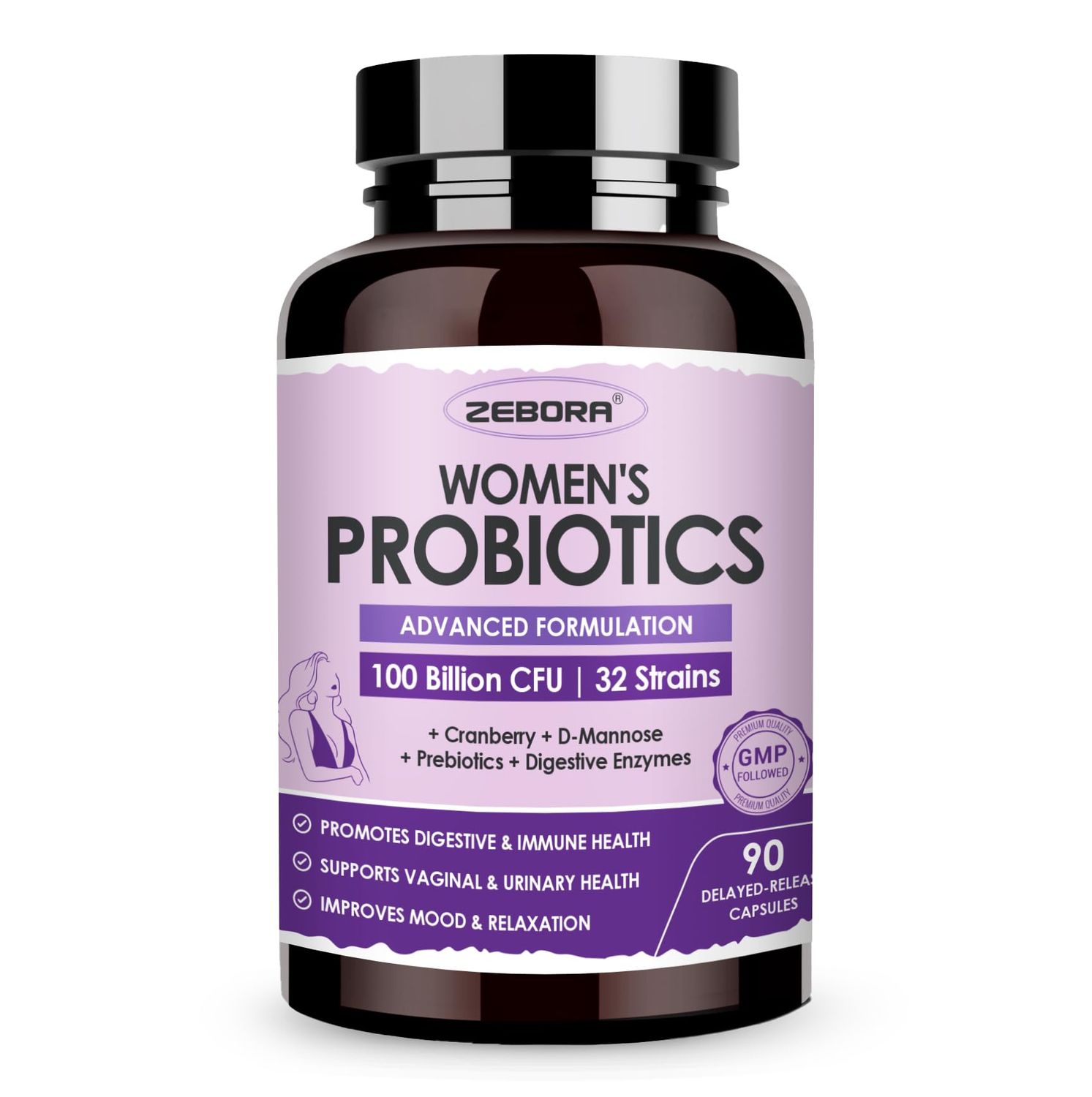 ZEBORA Probiotics for Women Digestive Health with Enzymes Prebiotics 100 Billion CFUs Vaginal Probiotics with D Mannose Cranberry Urinary Tract Health Immune Support, 90 Capsules