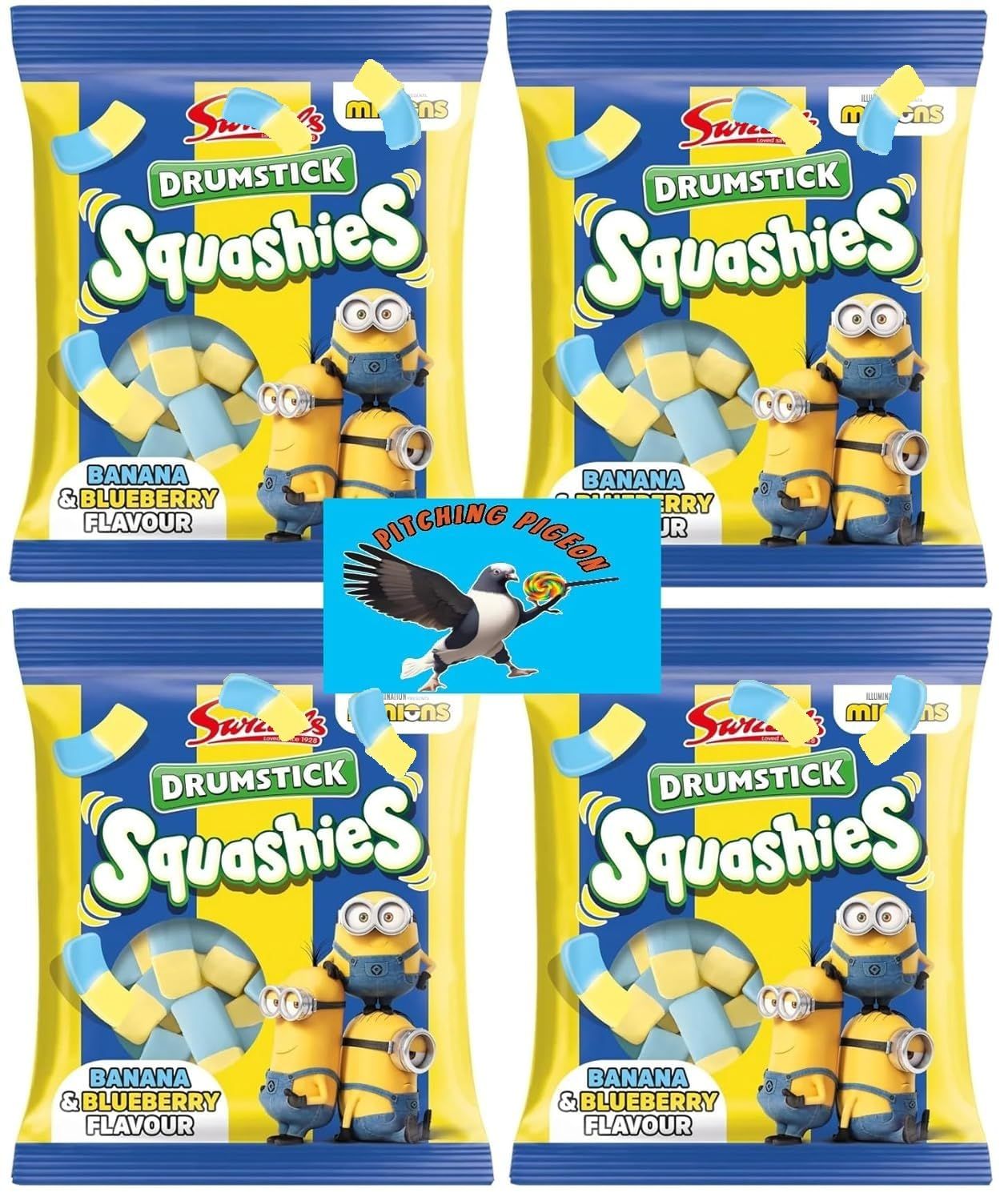 Swizzels Minions Squashies Drumstick Banana Blueberry Flavor Gummy Candy 17oz Total - Includes PITCHING PIGEON Brand Magnet