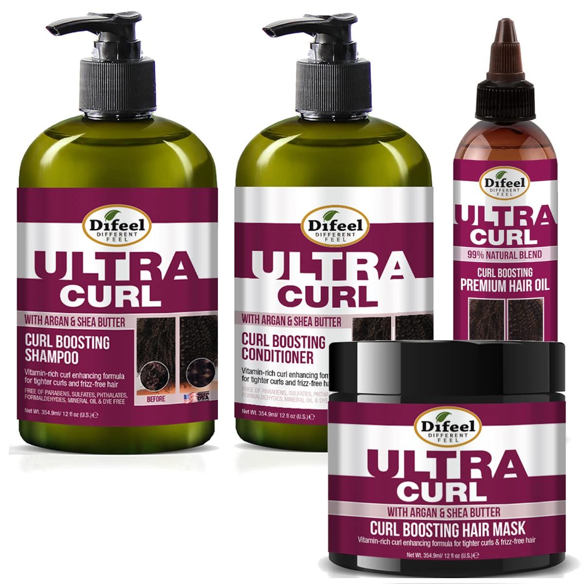 Difeel Ultra Curl Hair Care Set: Enhancing Shampoo (12 oz), Conditioner (12 oz), Mask (12 oz), and Oil (8 oz)
