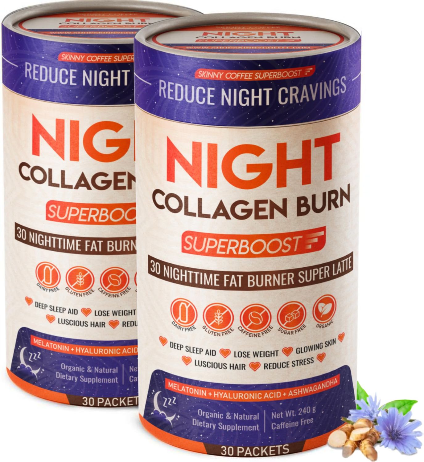 Night Collagen Burn, Nighttime Fat Burner Weight Loss Support, Natural Deep Sleep SuperLatte, Appetite Suppressant, Skin, Hair, Nails Joints Support, Superboost 30 Servings (Pack of 2)