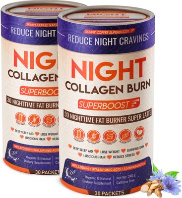 Night Collagen Burn, Nighttime Fat Burner Weight Loss Support, Natural Deep Sleep SuperLatte, Appetite Suppressant, Skin, Hair, Nails Joints Support, Superboost 30 Servings (Pack of 2)