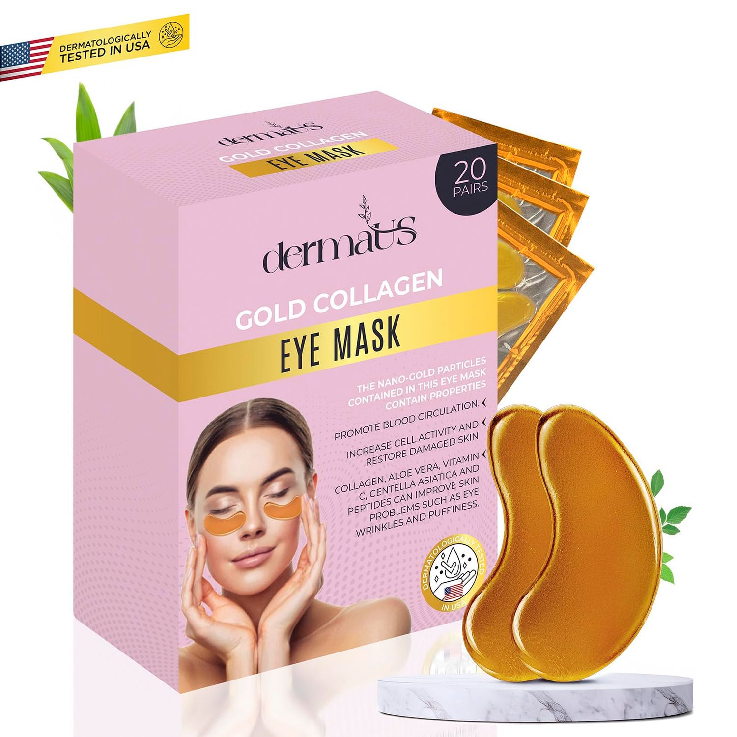 dermaUS Under Eye Patches for Dark Circles Puffiness - 20 Pairs with Collagen, Aloe Gold - Anti-Wrinkle Eye Masks for Women - Hydrating Eye Treatment