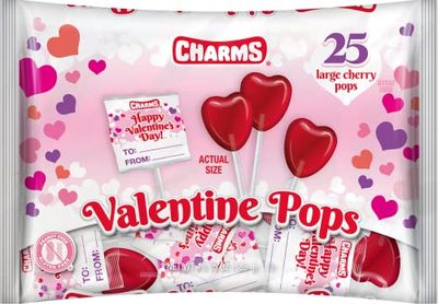 Charms Cherry Valentine Pops 25 count Bag - 2 Pack Total 50 Lollipops Cherry Heart Shape with Valentine&#39;s Wrappers
