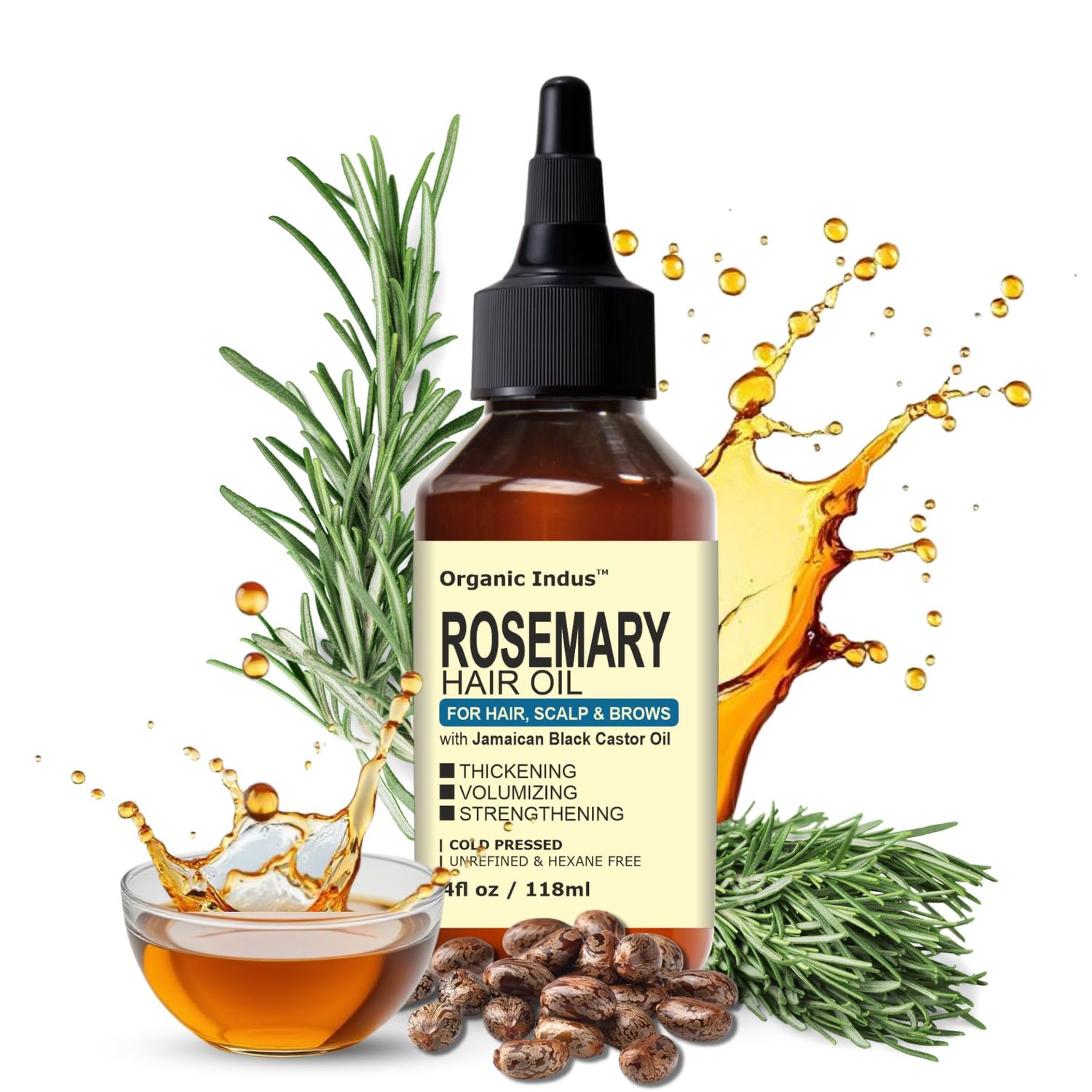 Organic Indus Rosemary Oil For Hair Growth, Hair Nourishing Volumizing Infused With Jamaican Black Castor Oil, 4 Ounce