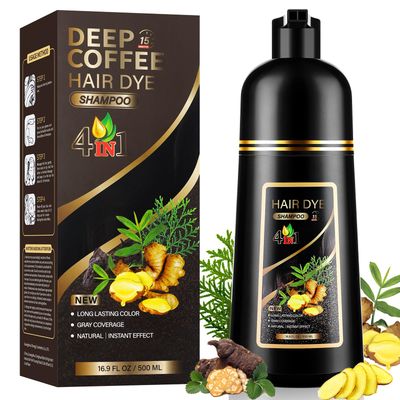 YUOLITA 4 in 1 Deep Coffee Hair Dye Shampoo for Gray Hair, Semi-Permanent Instant Hair Color Shampoo for Women and Men, Herbal Ingredients Shampoo and Hair Care, 100 Grey Coverage 500ml