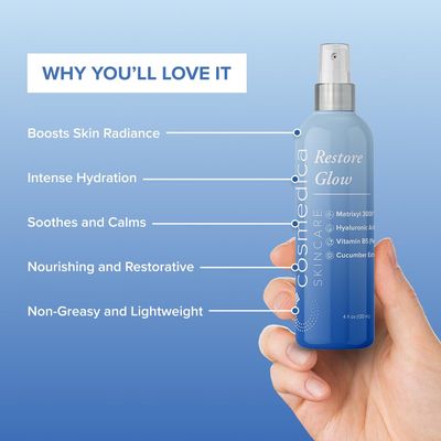 Cosmedica Skincare Restore Glow Peptide Spray Hydrating Mist with Matrixyl 3000, Vitamin B5, Hyaluronic Acid Cucumber Extract for Radiant Skin - 4 oz