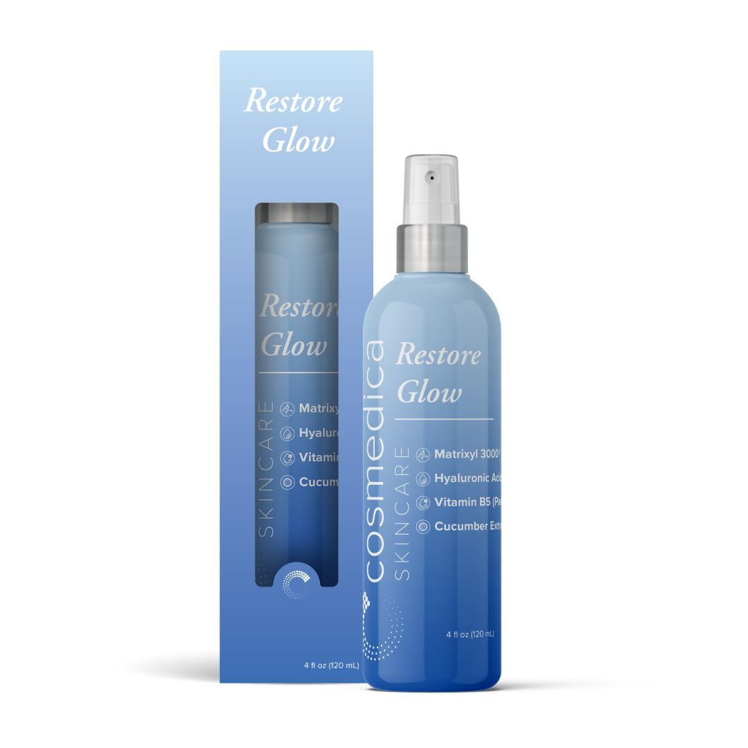 Cosmedica Skincare Restore Glow Peptide Spray Hydrating Mist with Matrixyl 3000, Vitamin B5, Hyaluronic Acid Cucumber Extract for Radiant Skin - 4 oz