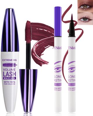 Burgundy Mascara Liquid Eyeliner Set,5D Waterproof Silk Fiber Colored Mascara Volume and Length,Longlasting Smudgeproof Color Eye Liner Pen,Mother&#39;s Day Colorful Eye Makeup Gift Kit for Women Girl-08