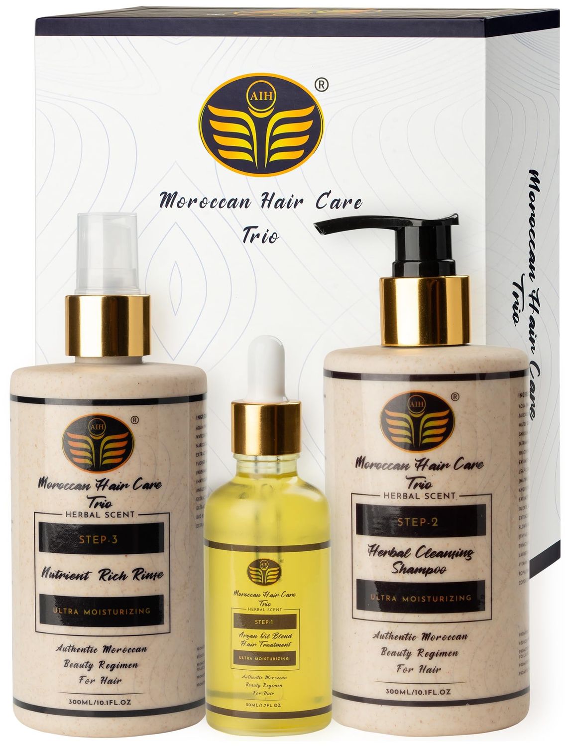 AIH 3 Sets Moroccan Oil Hair Products - Argan Oil Blend Herbal Cleansing Shampoo and Nutrient-Rich Rinse - Cleanses, Nourishes and Revitalizes for Healthier, Shinier Hair - Dermatologist Approved