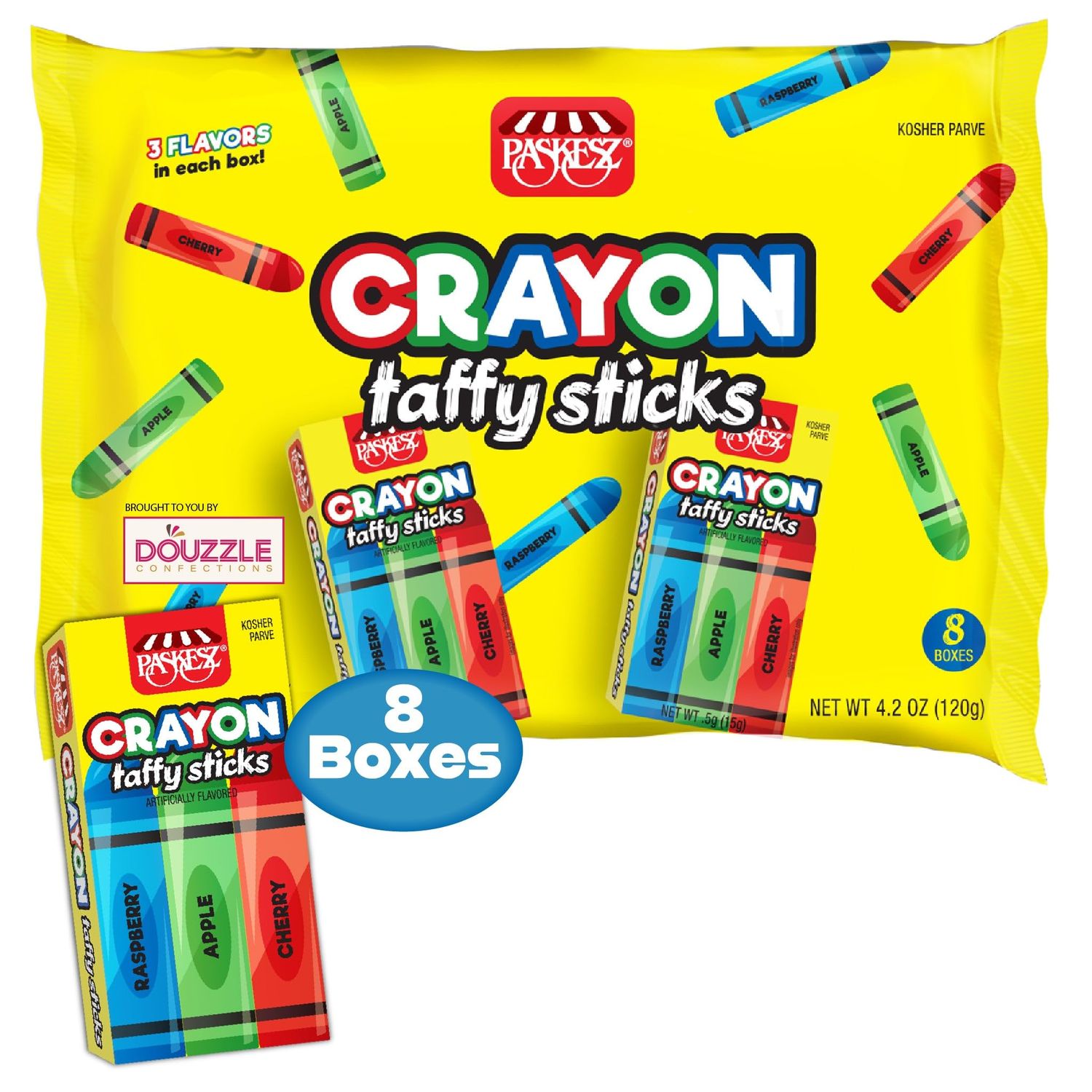 DOUzzle Edible Crayon Taffy Sticks for Marines Back To School (8 Count, Pack of 1) Individually Wrapped Candies, Birthday Party Favors, Goodie Bags Stuffers, Pinata Filler - Kosher Parve