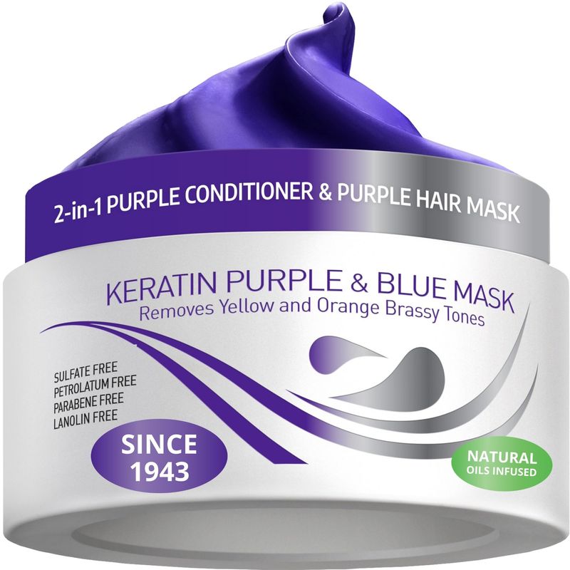 VITAMINS hair cosmetics Keratin Purple Hair Mask - Violet Blue Protein Deep Conditioner Treatment - Toner for Blonde Platinum Silver Gray Ash or Brown Colored Dry and Damaged Brassy Hair