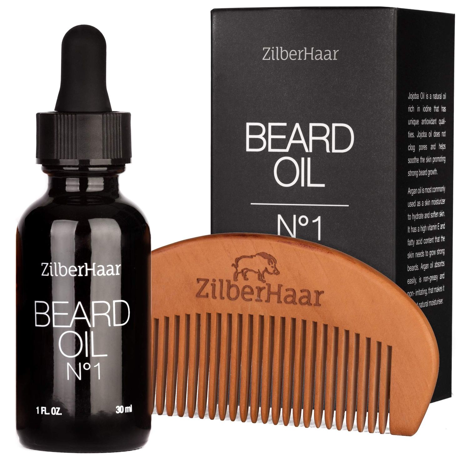 ZilberHaar Beard Oil 1 - Pure, Organic Moroccan Argan and Jojoba Oil for Natural Beard Growth and Hydration - 1 oz - Free Beard Comb Gift