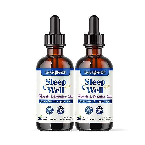 LIQUIDHEALTH Sleep Well Liquid Melatonin, L-Theanine Supplement Natural Sleep Aid, Fall Asleep Faster, Stay Asleep Longer - USA Made, Vegan, Sugar Free, Drug Free, Non-GMO Sleep Spray Drops (2 Pack)