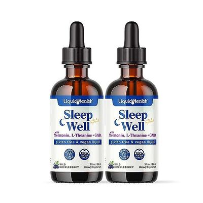 LIQUIDHEALTH Sleep Well Liquid Melatonin, L-Theanine Supplement Natural Sleep Aid, Fall Asleep Faster, Stay Asleep Longer - USA Made, Vegan, Sugar Free, Drug Free, Non-GMO Sleep Spray Drops (2 Pack)