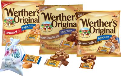 Werther&#39;s Original Sugar Free Hard Candy 3 Bags Bundle (1.46 OZ Each) 3 Flavors: Coffee, Chocolate, Caramel Perfect for Office Spaces Candy dishes Holiday Candy Gifts Soko Smiles Pocket Bag