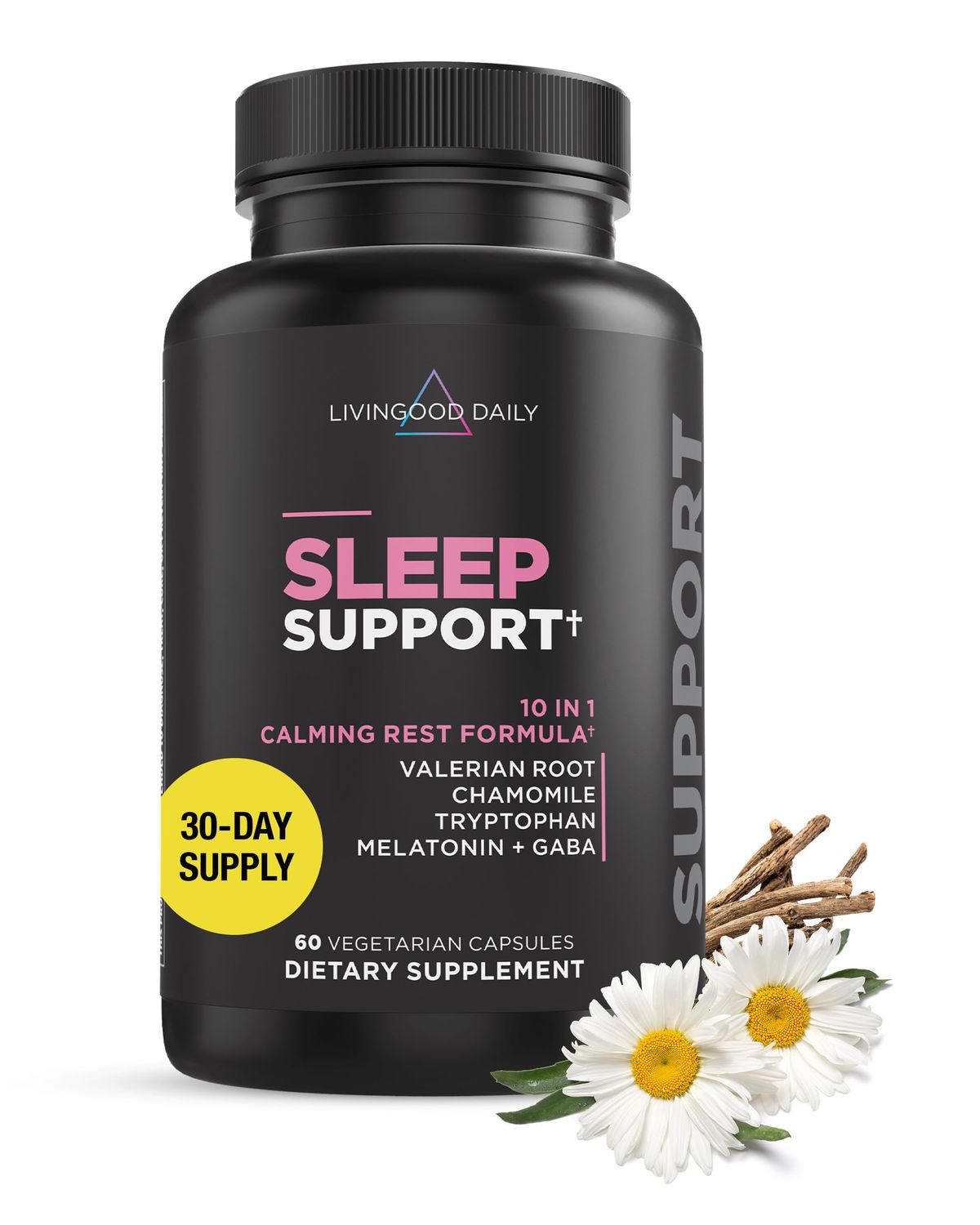 Livingood Daily Sleep Support, 5mg Melatonin (60 Vegetarian Capsules) - Natural Sleep Aid for Adults - Sleeping Pills Supplement with Valerian Root, Chamomile, Tryptophan, GABA Promote Deep Sleep
