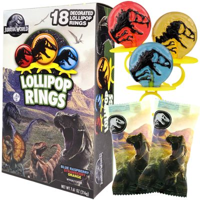 Jurassic World Lollipop Rings, Individually Wrapped Candy Birthday Party Favors, Dinosaur Themed Parties, 18 Suckers