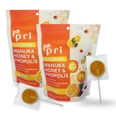 P.R.I Manuka Honey Lollipops with Propolis, Certified MGO 300 - Throat Soothing, Lemon Flavor, (24 Lollipops, 5.46oz)
