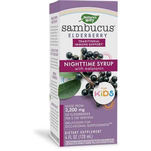 Nature&#39;s Way Sambucus Elderberry Nighttime Syrup for Kids with Melatonin, Immune Support, 4 Fl Oz