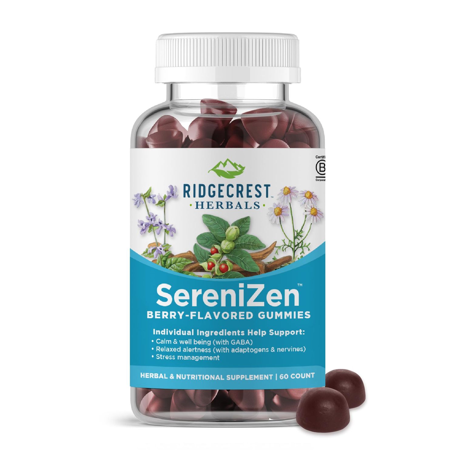 RidgeCrest Herbals SereniZen Gummies with Ashwagandha, GABA, L-Theanine, Chamomile Lemon Balm, Supports Relaxation Calm, Stress Management, Sleep. Daily Health Supplement, 60 Ct, 1-2 Month Supply