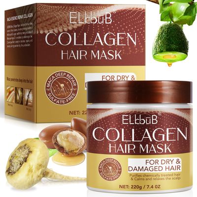 ELBBUB Collagen Hair Mask with Peruvian Ginseng, Avocado Oil, Marigold Chamomile - Deep Repair Treatment for Dry, Damaged Hair - Restores Shine, Hydration Strength - Suitable for All Hair Types