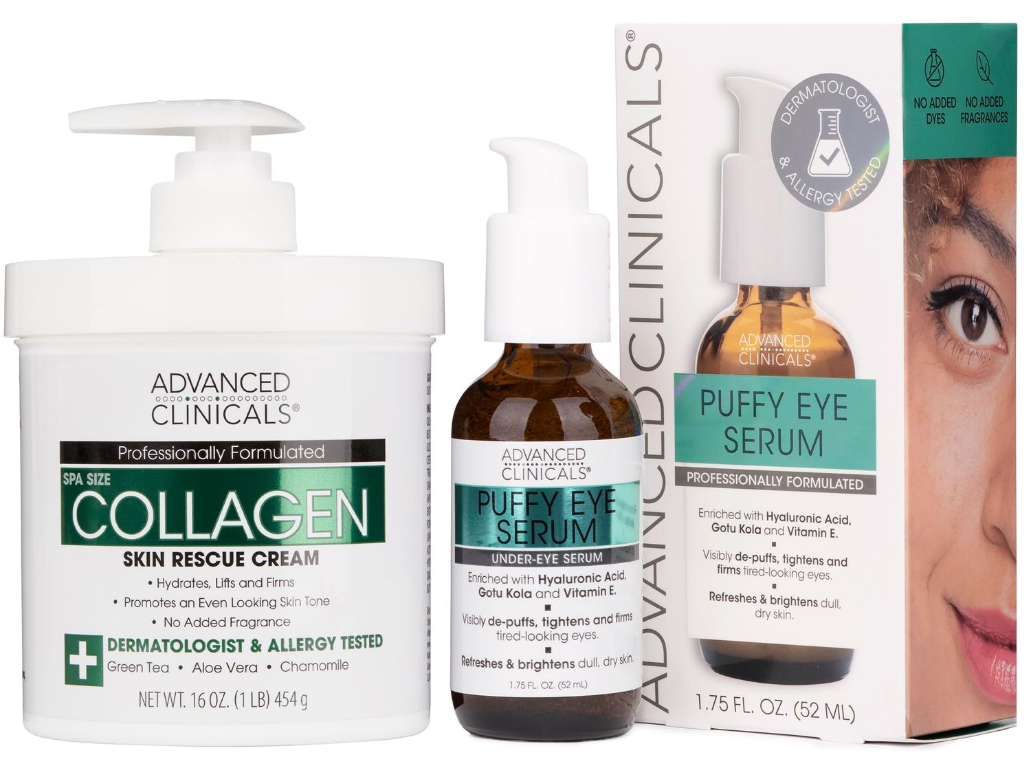 Advanced Clinicals Collagen Cream Puffy Eye Face Serum 2pc Set Collagen Body Lotion Brightening Under Eye Serum Fragrance Free Skin Care Products, 2pc Bundle