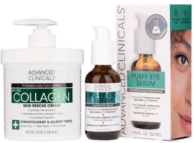 Advanced Clinicals Collagen Cream Puffy Eye Face Serum 2pc Set Collagen Body Lotion Brightening Under Eye Serum Fragrance Free Skin Care Products, 2pc Bundle