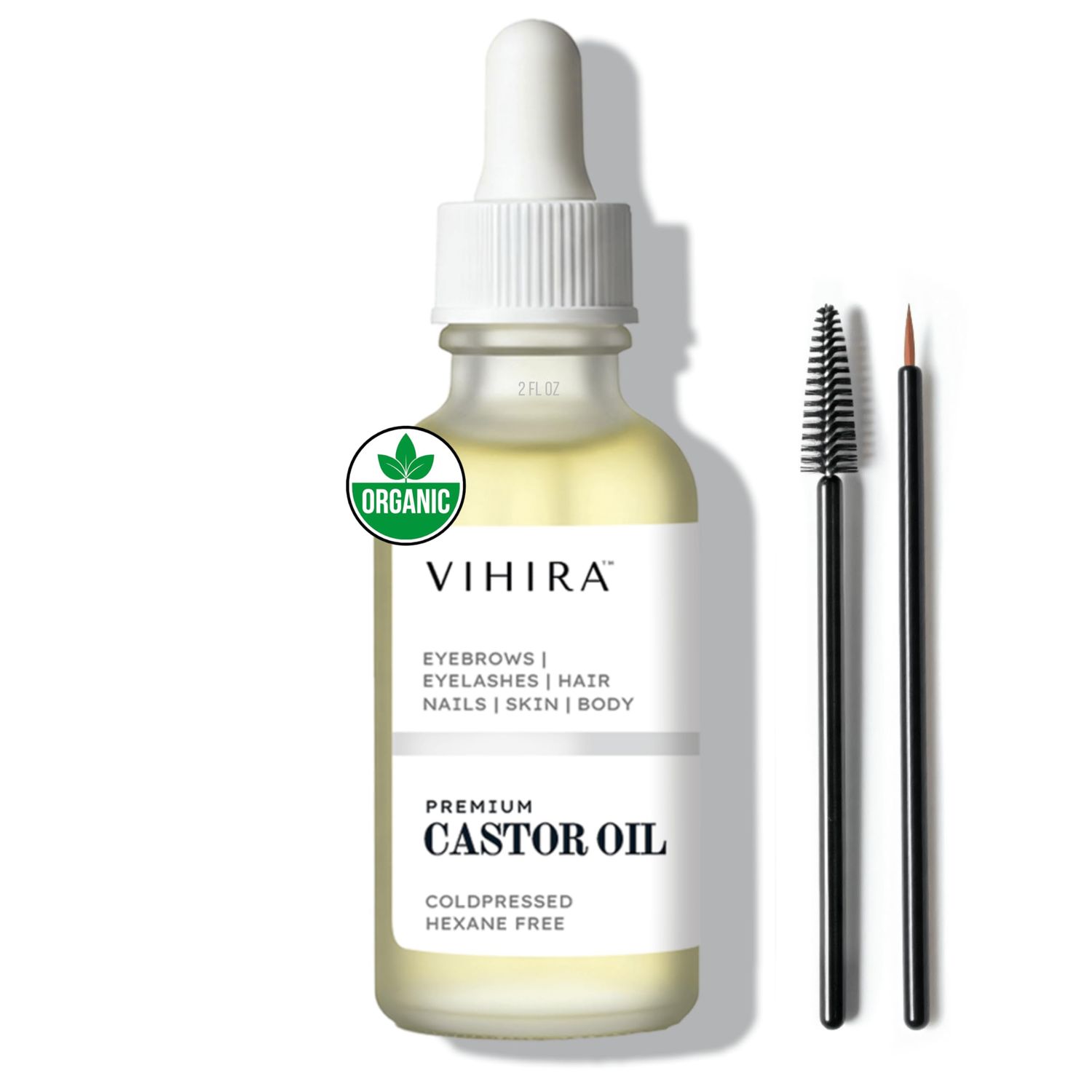Vihira Premium Organic Castor Oil (2 Fl Oz), Cold Pressed, 100 Pure, Extra Virgin, Hexane Free, Castor Oil for Hair Growth, Eyelash, Eyebrow, Cuticles, Nails, Skin, Belly Button, Muscle Wellness.